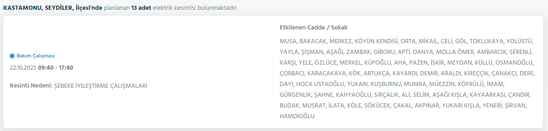 Kastamonu elektrik kesintisi