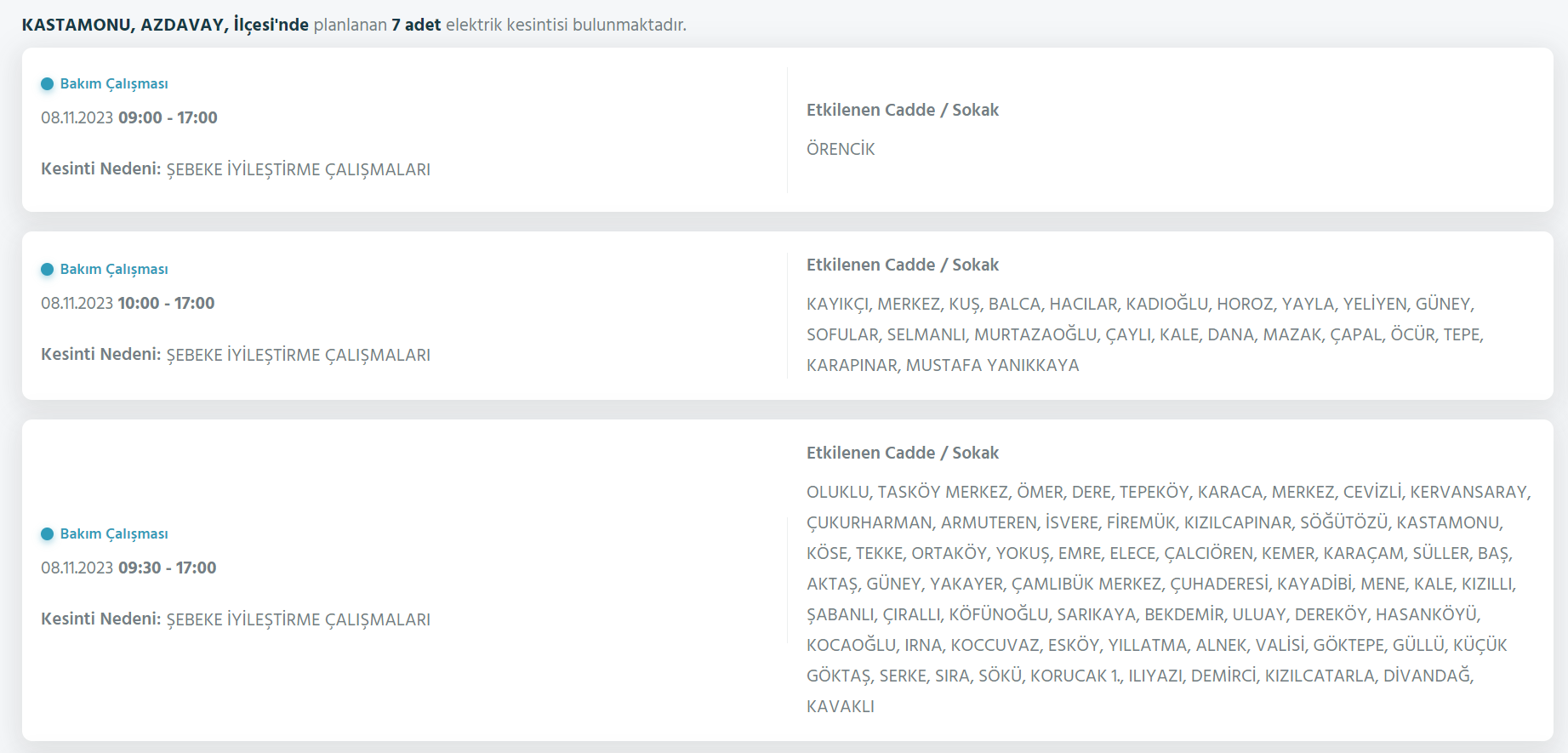 Kastamonu elektrik kesintisi