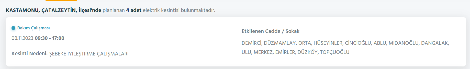 Kastamonu elektrik kesintisi