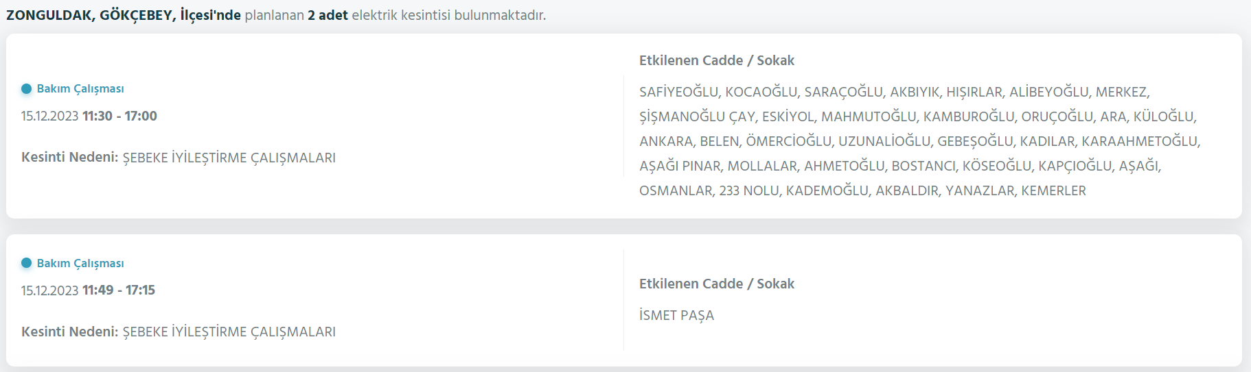 Zonguldak elektrik kesintisi